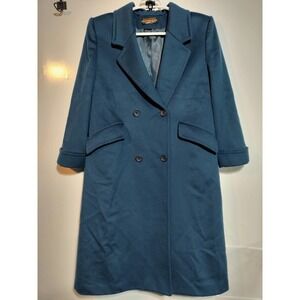 London Fog Navy Blue Long Trench Coat 100% Wool Vintage 14 Petite Made in USA